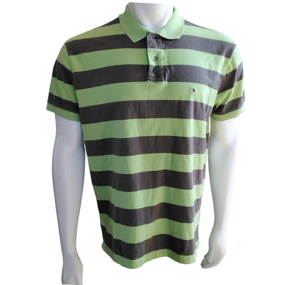 Tommy Hilfiger Mens Striped Polo Shirt Green Grey Short Sleeve Classic Fit L